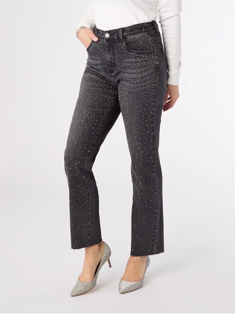 Black Rhinestone Straight-Leg Ankle length Women's Jeans